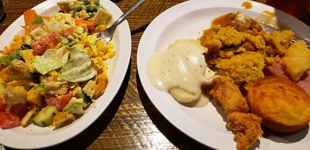 Buffet of Chicken Strips Ham Stuffing Mashed Potatoes and Gravy Plus Salad Bar