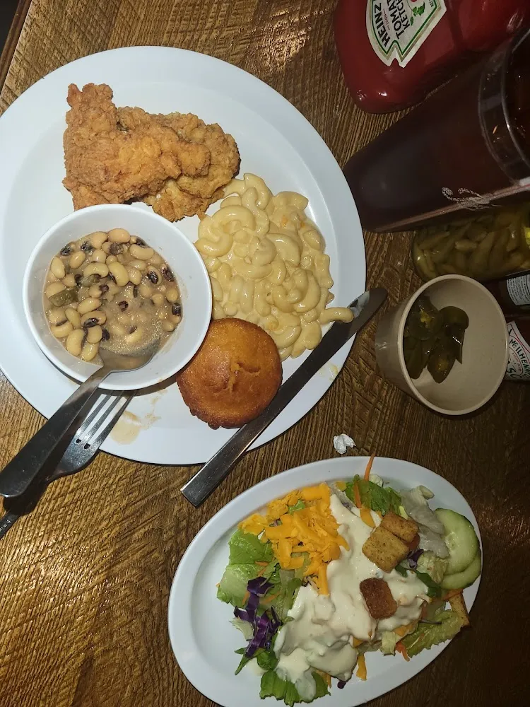 Crispy Chicken Fingers Mac and Cheese and Peas